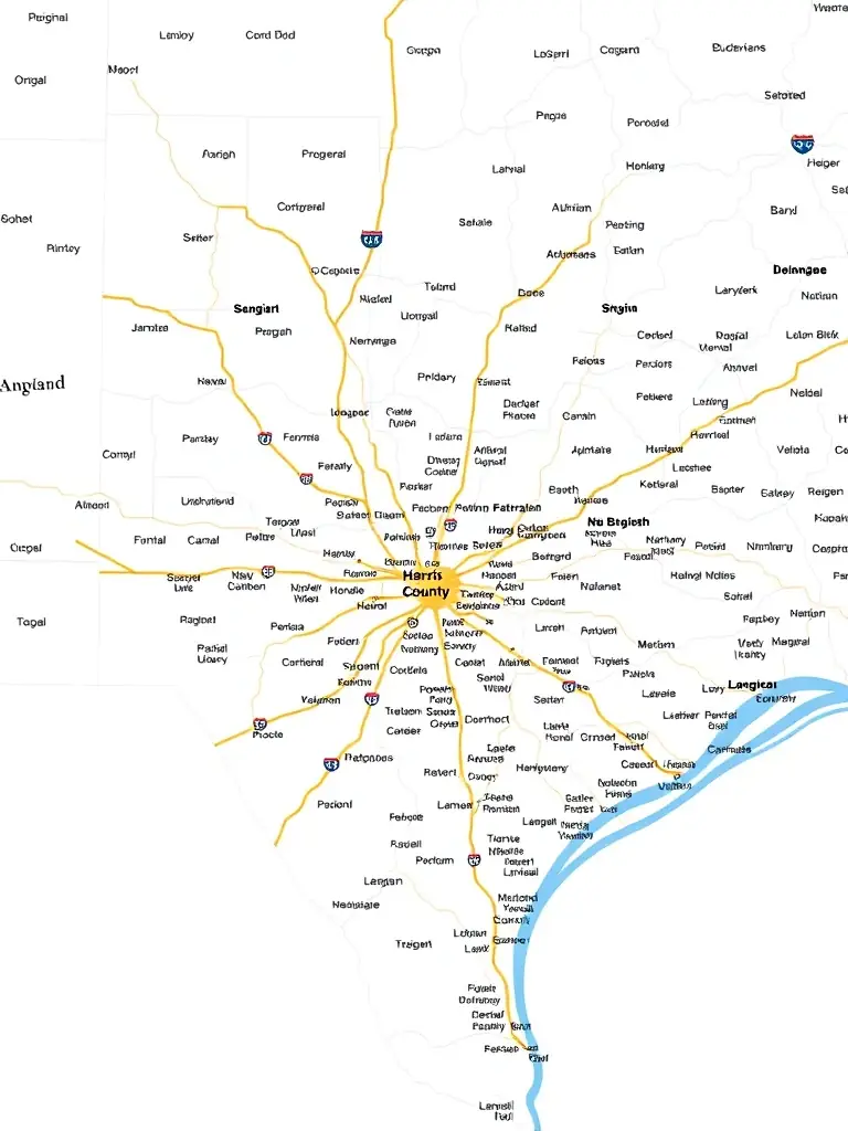 A detailed map of Harris County, Texas, highlighting major cities and roadways, with a focus on areas prone to car accidents. The image should convey Injury Defense Texas's presence in the region.