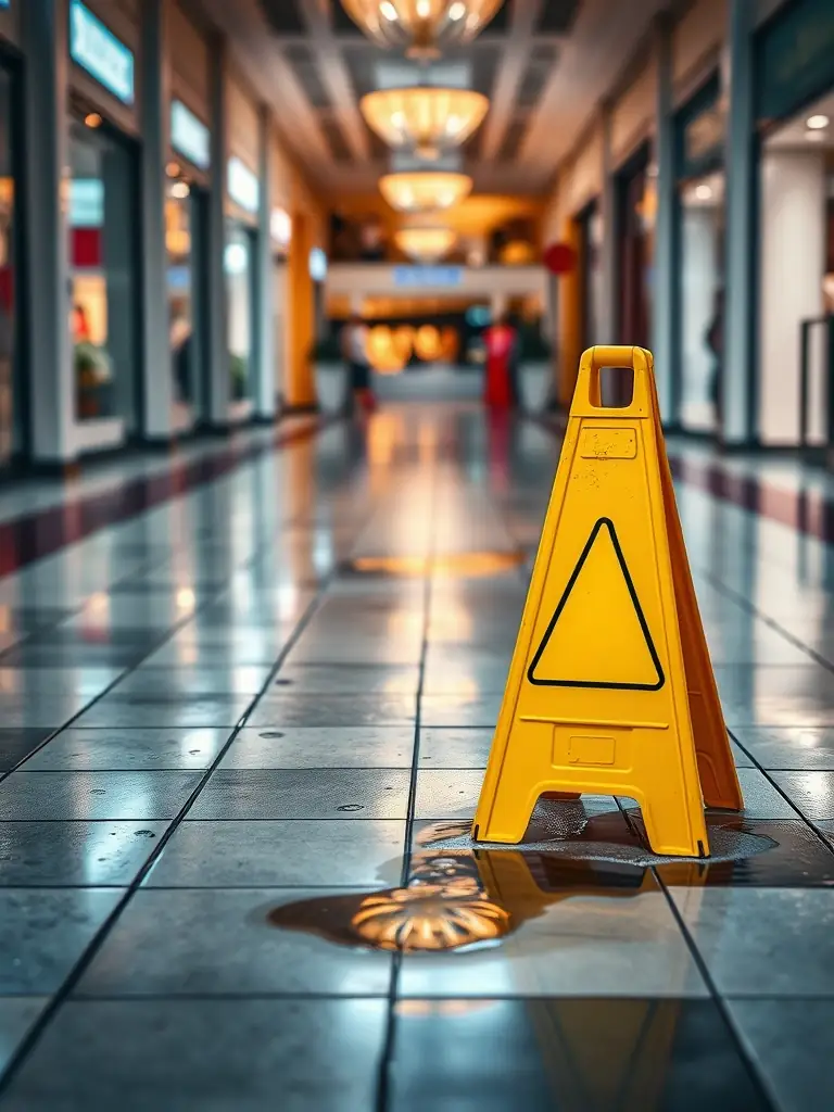 A wet floor with a warning sign, indicating a slip and fall hazard in a public space. The image is used to represent slip and fall cases handled by Injury Defense Texas.