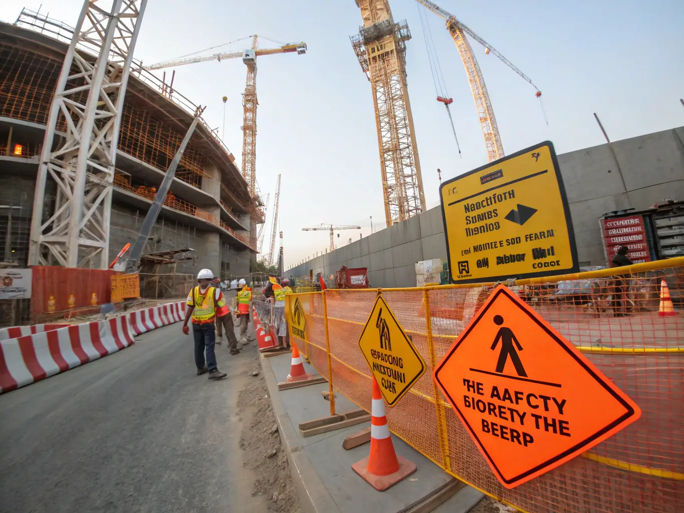 A construction site with safety cones and caution tape, emphasizing the potential for workplace accidents and the need for legal representation.