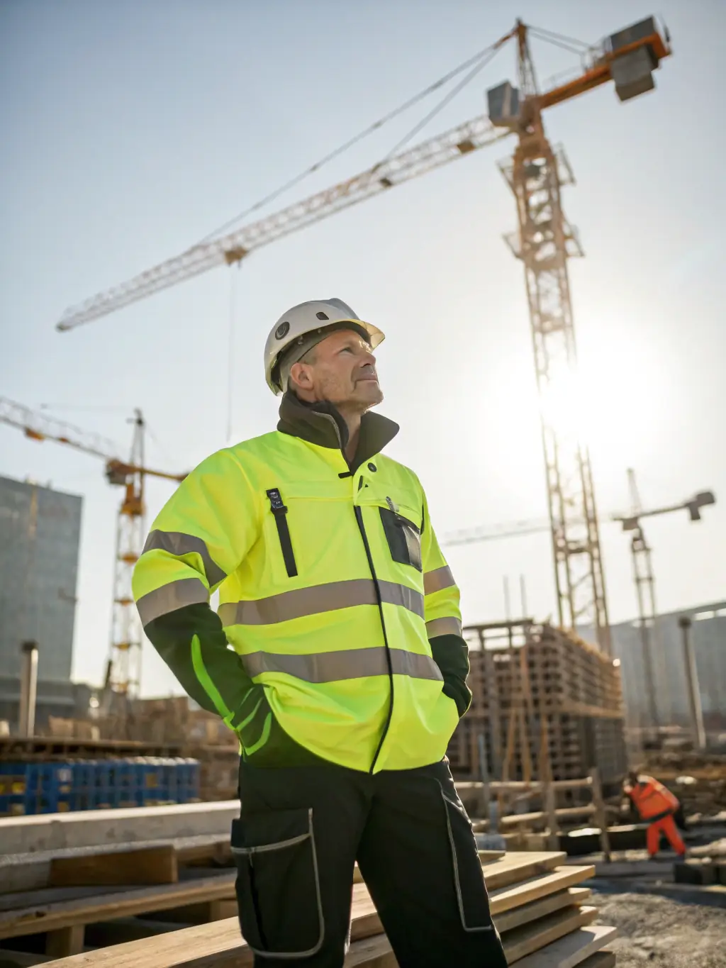 A construction worker wearing a hard hat and safety vest, with blurred machinery in the background, symbolizing workplace hazards. The image is used to represent workplace injury cases handled by Injury Defense Texas.
