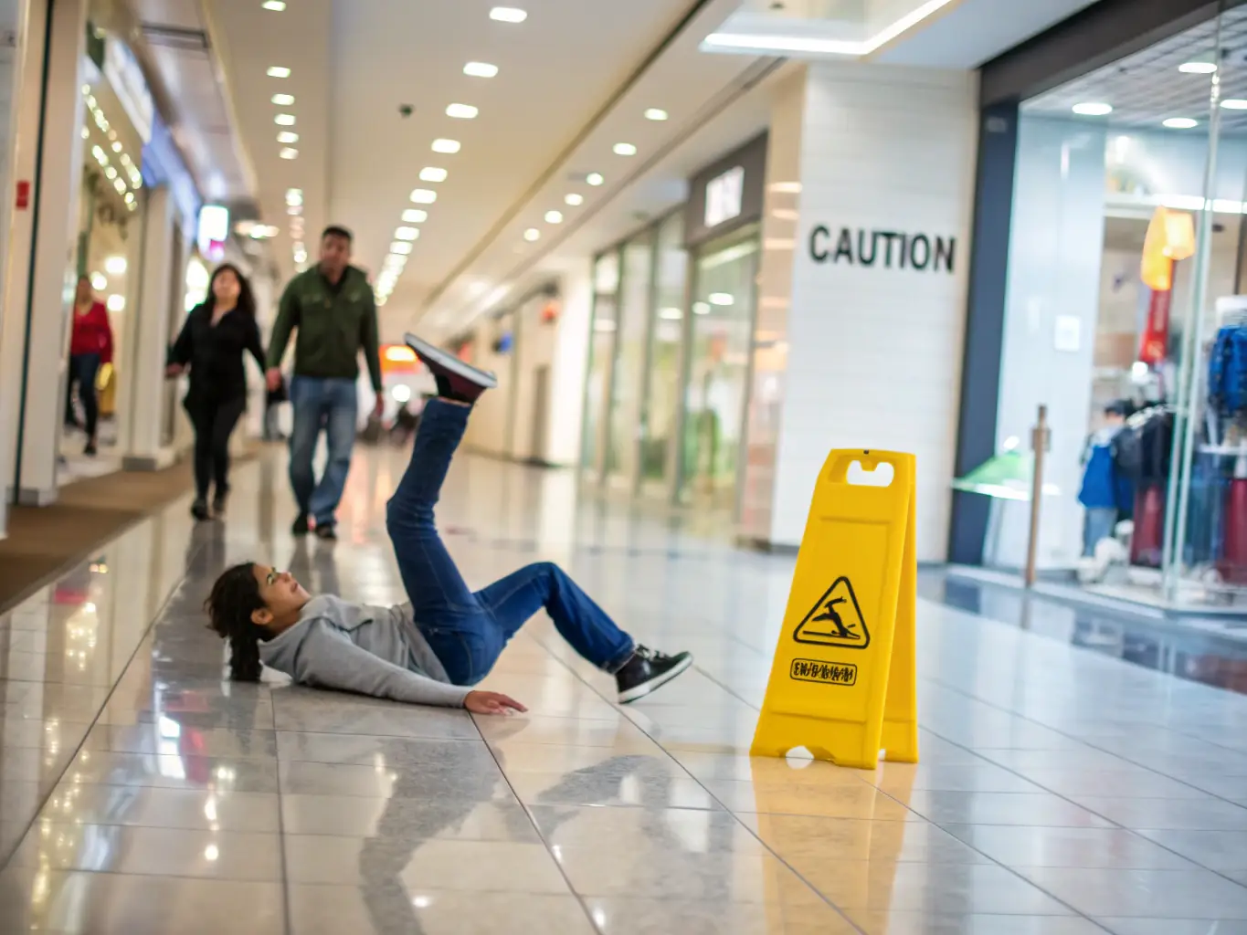 A person carefully walking on a wet floor with a 'Caution' sign nearby, highlighting the risks of slip and fall accidents and the importance of legal recourse.