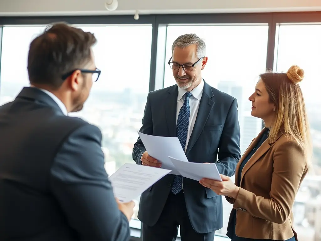 A professional lawyer in a suit, confidently addressing a client in a modern office setting, with legal documents spread on the table, symbolizing trust and expertise.