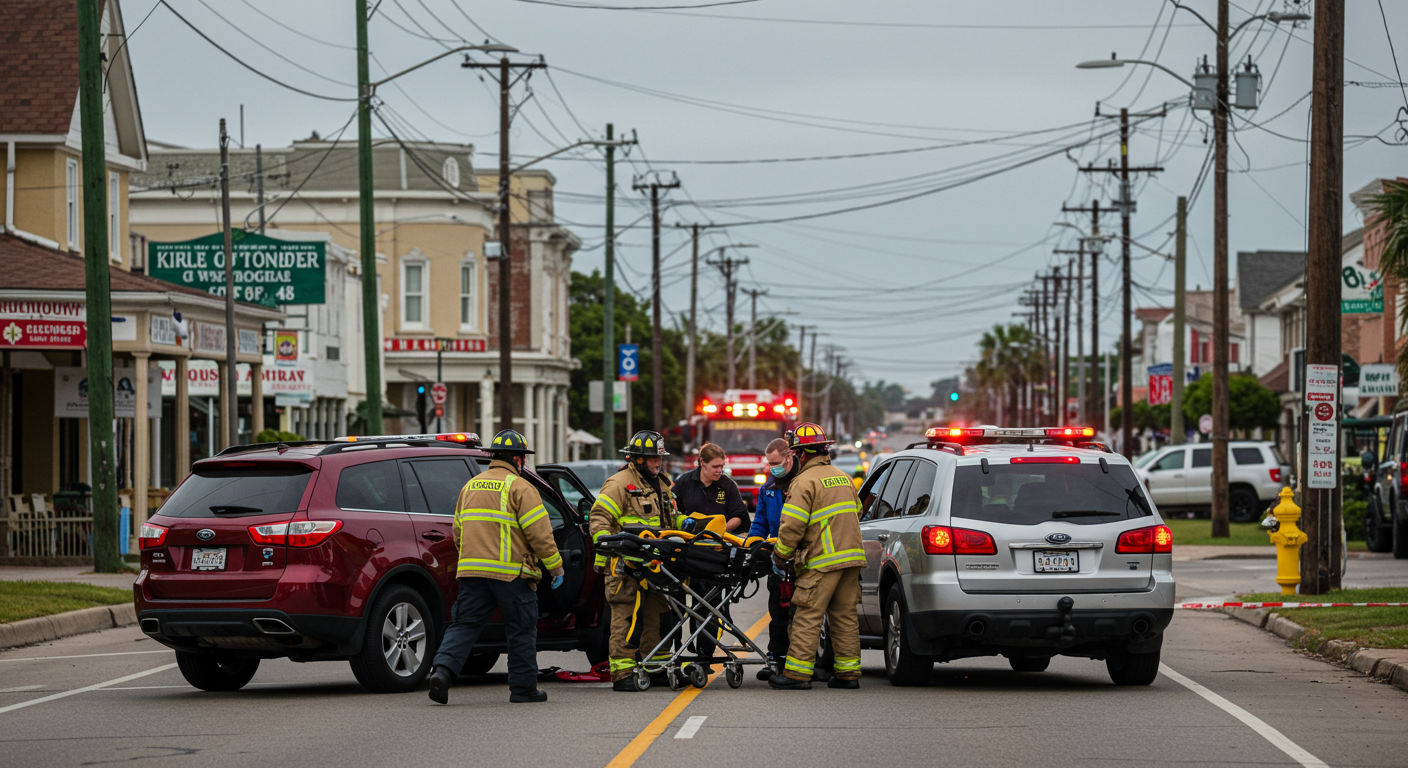 A depiction of a car accident scene on a Galveston street, with emergency responders assisting the injured. The background features recognizable Galveston landmarks, emphasizing the local context.
