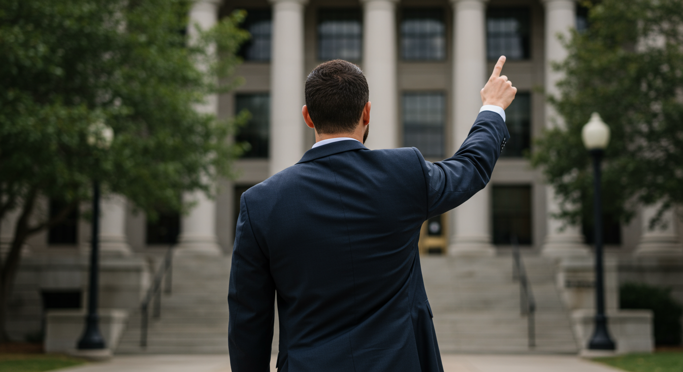 An attorney standing confidently in front of a courthouse, gesturing towards the building, symbolizing advocacy and empowerment for clients. The scene conveys a sense of hope and determination.