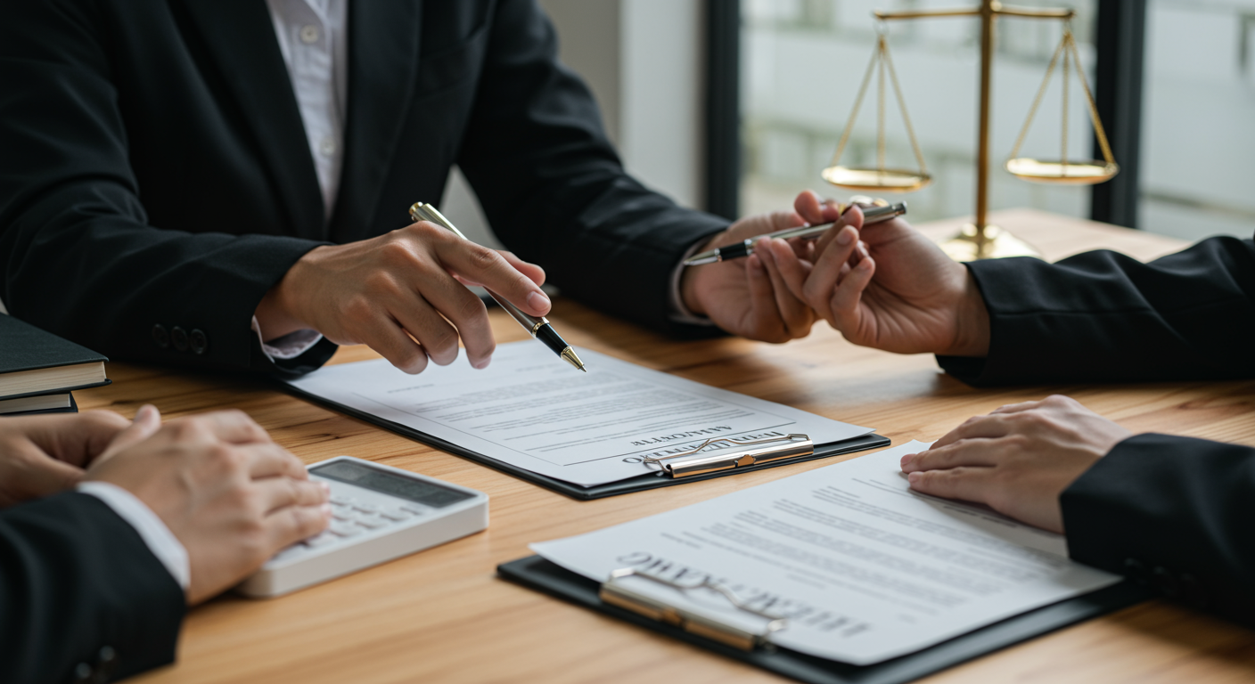 A close-up shot of a personal injury attorney explaining fees to a client, with a calculator and documents on the table. The focus is on the attorney's hand pointing to a document.