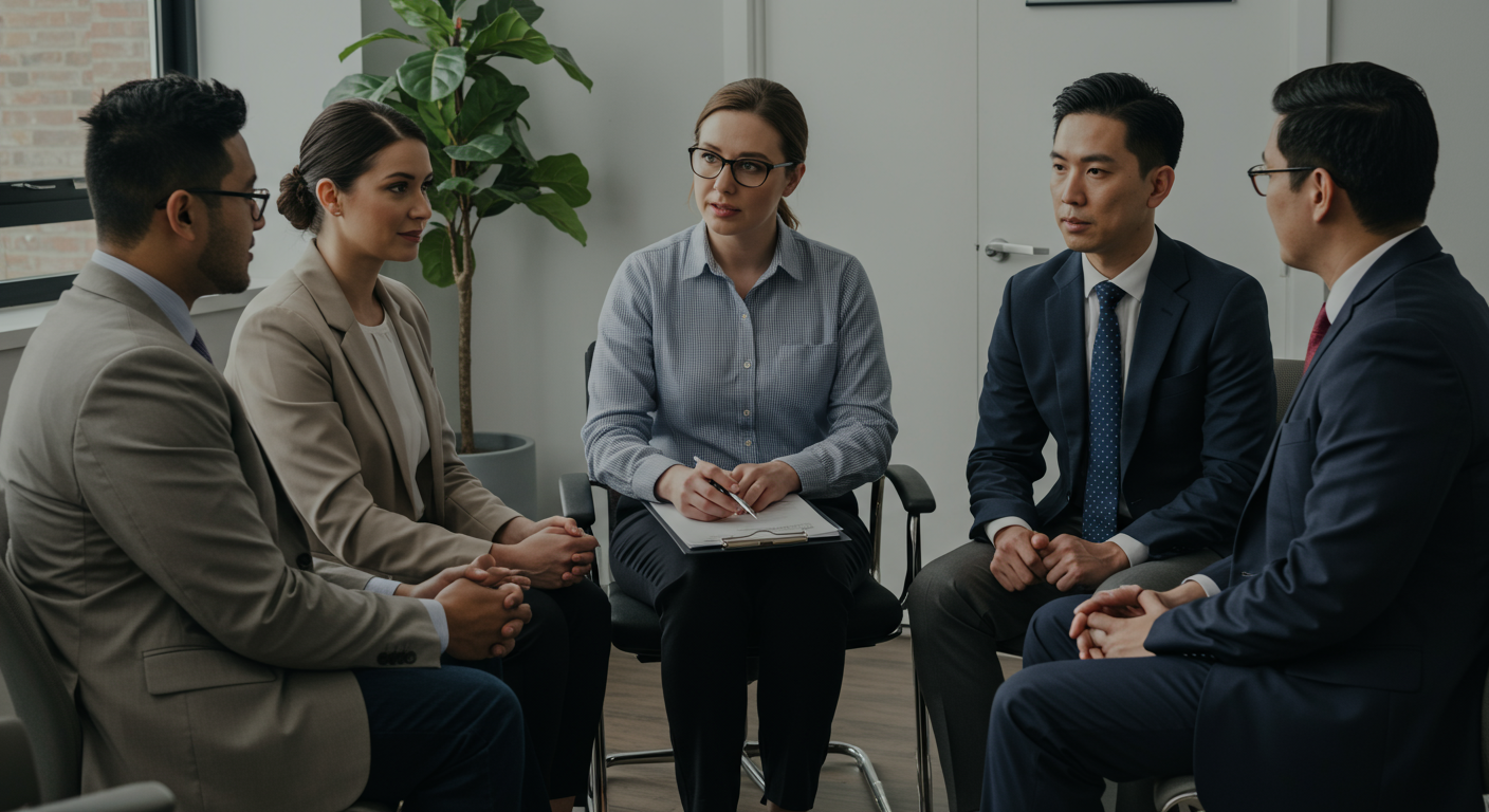 A diverse group of individuals sitting in a consultation room with a personal injury attorney, discussing a case. This image highlights the personal connection and support that attorneys provide to their clients.