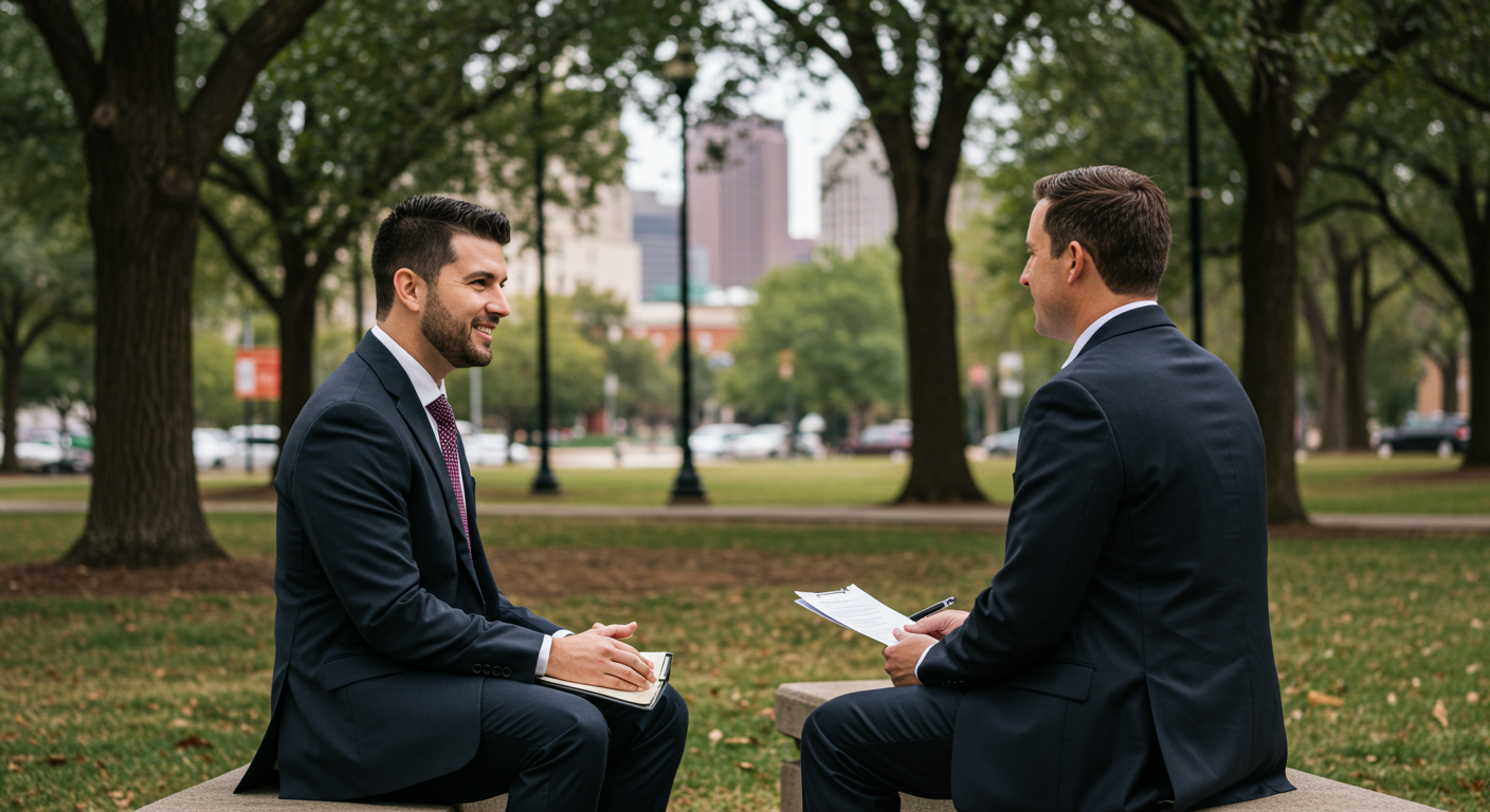 A lawyer and client engaged in a discussion in a local park, with trees and Texarkana's cityscape in the background. The scene conveys a relaxed yet professional atmosphere, emphasizing accessibility and personal connection.