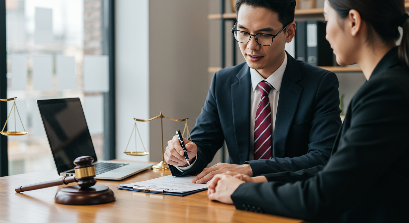 A compassionate attorney reviewing case details with a client in a comfortable office space. The attorney is pointing to a document, ensuring the client feels informed and supported.