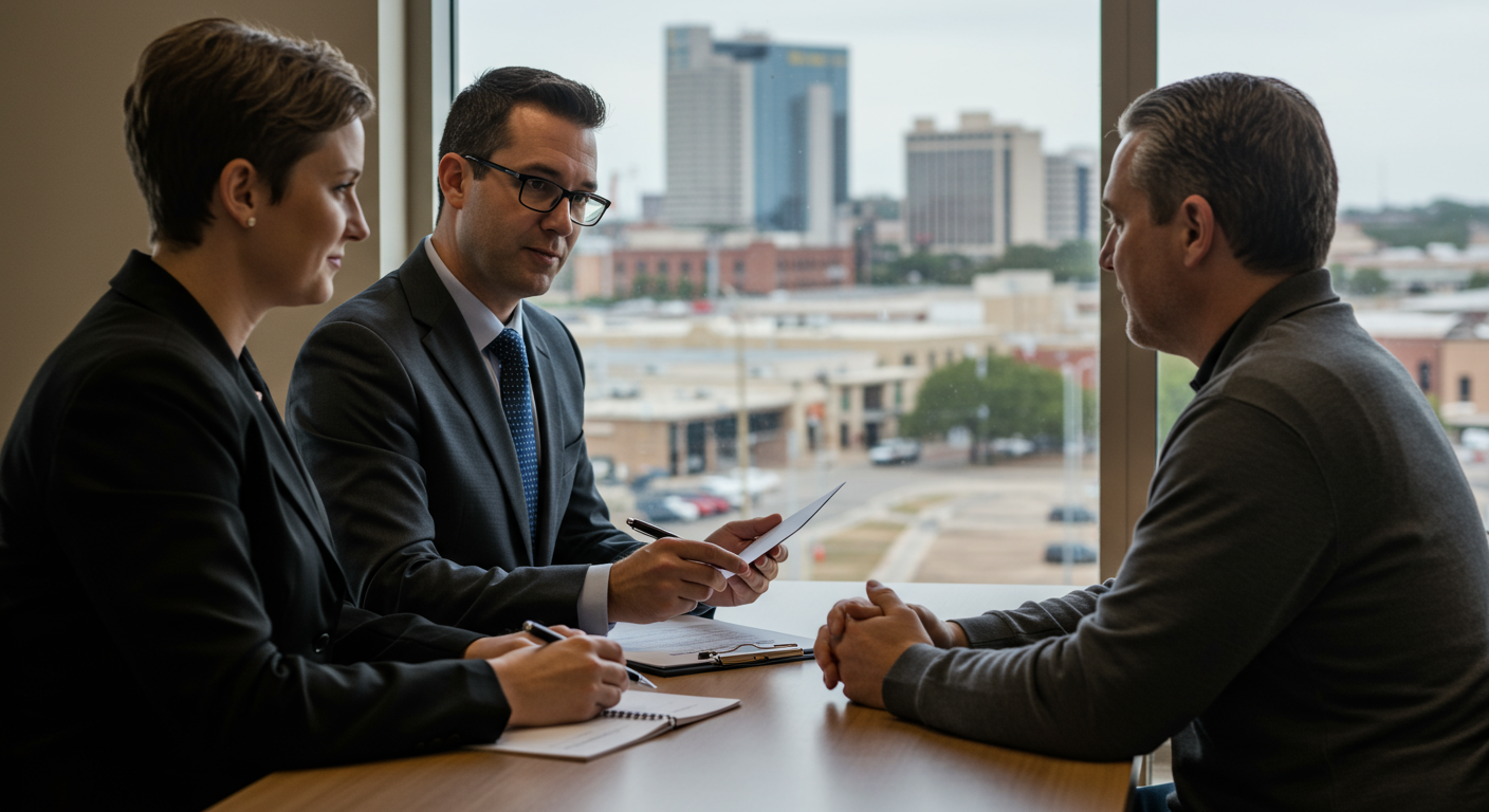 An image showing a supportive attorney helping a distressed client in a calm office environment, with a window view of the city of Allen, TX, in the background.