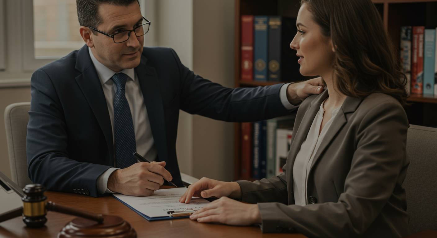 A supportive scene where a personal injury attorney is comforting a client, perhaps after a consultation. The setting is warm and inviting, showcasing the human side of legal representation.