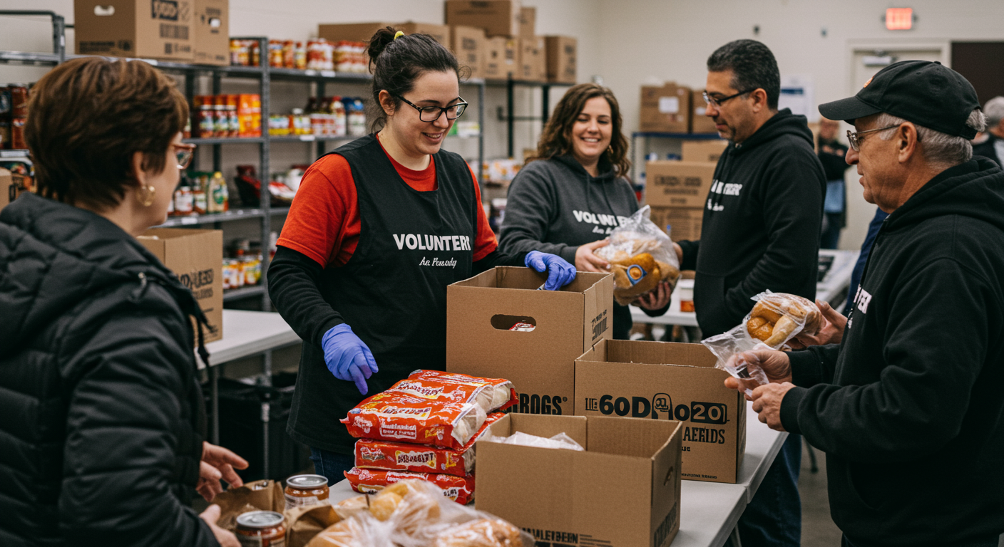 Volunteers distributing food at a local food pantry, with community members receiving groceries. The image captures the spirit of giving and community support.