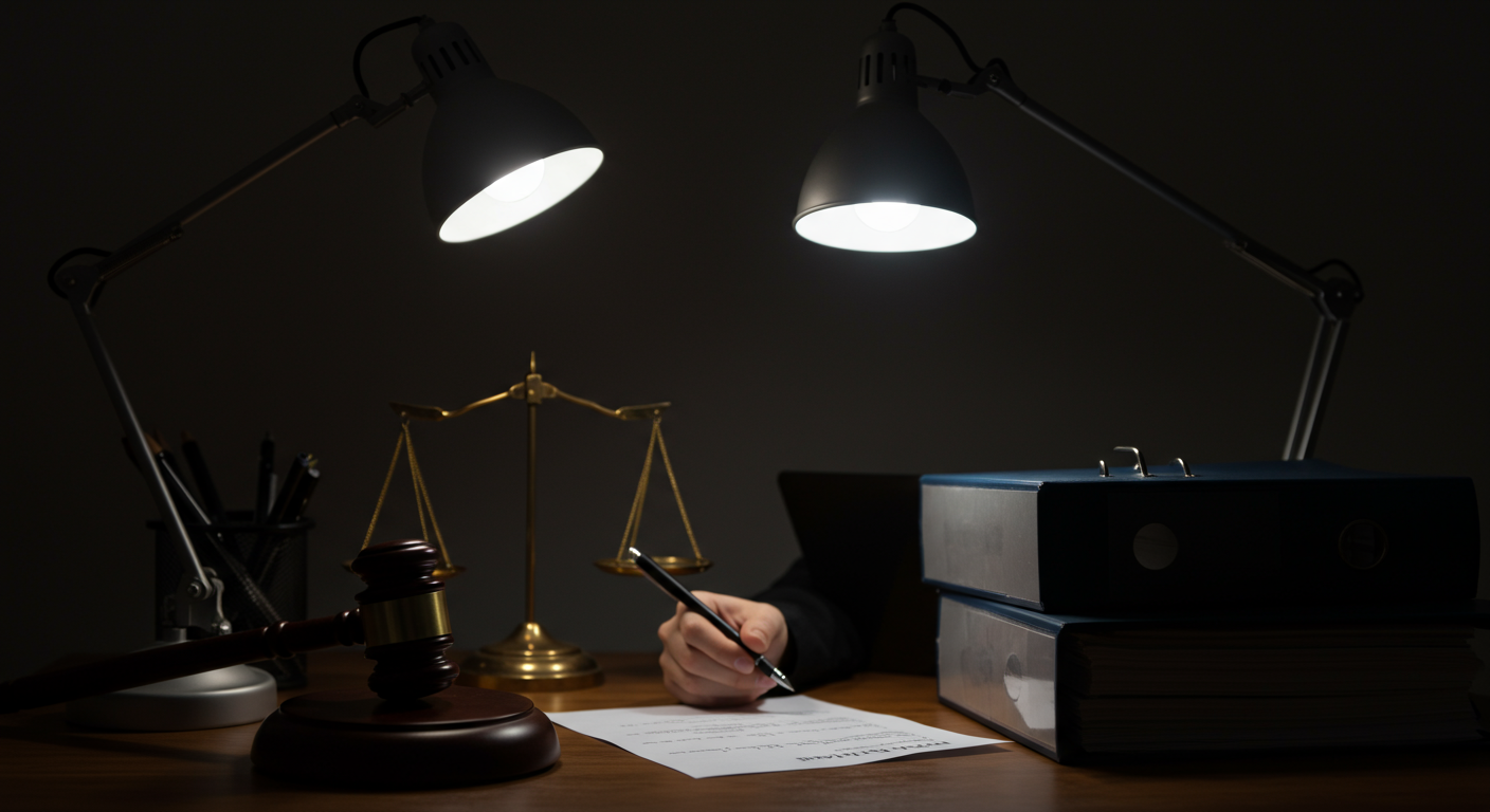 A serene image of a personal injury lawyer working late at night, illuminated by a desk lamp, surrounded by case files and notes, showcasing dedication and hard work.