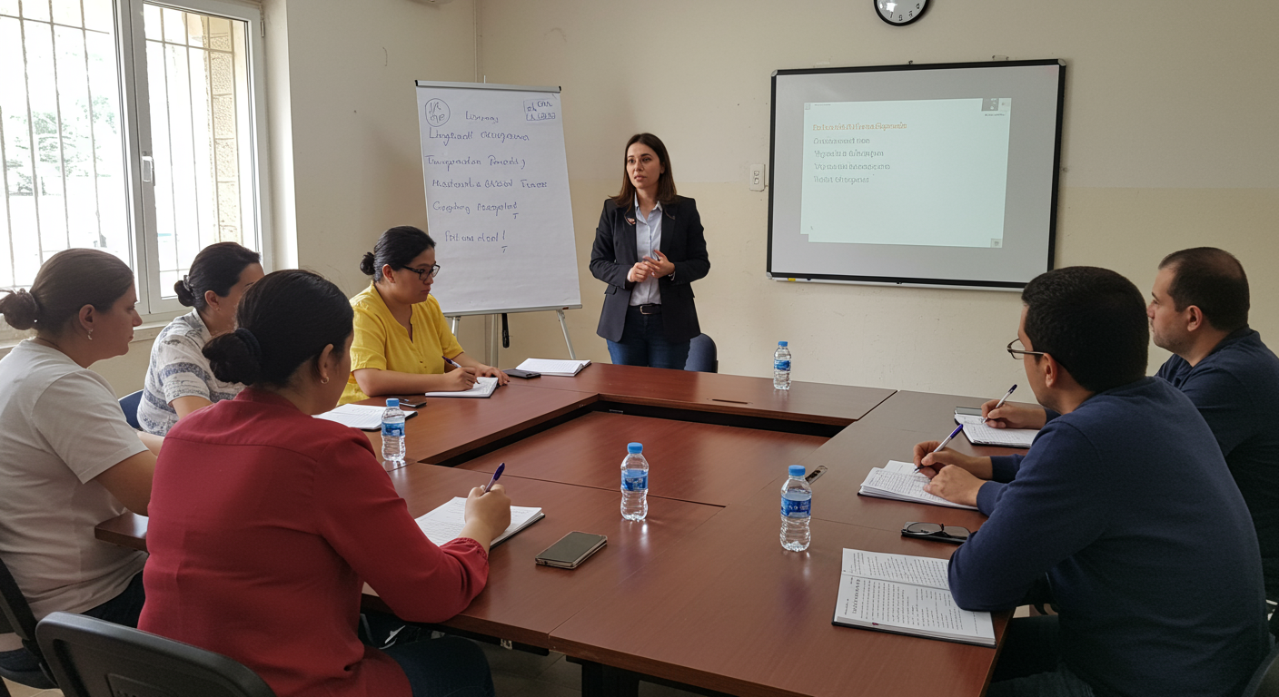 A workshop in progress where a legal expert is presenting to a group of community members. The image highlights engagement, with participants taking notes and asking questions.