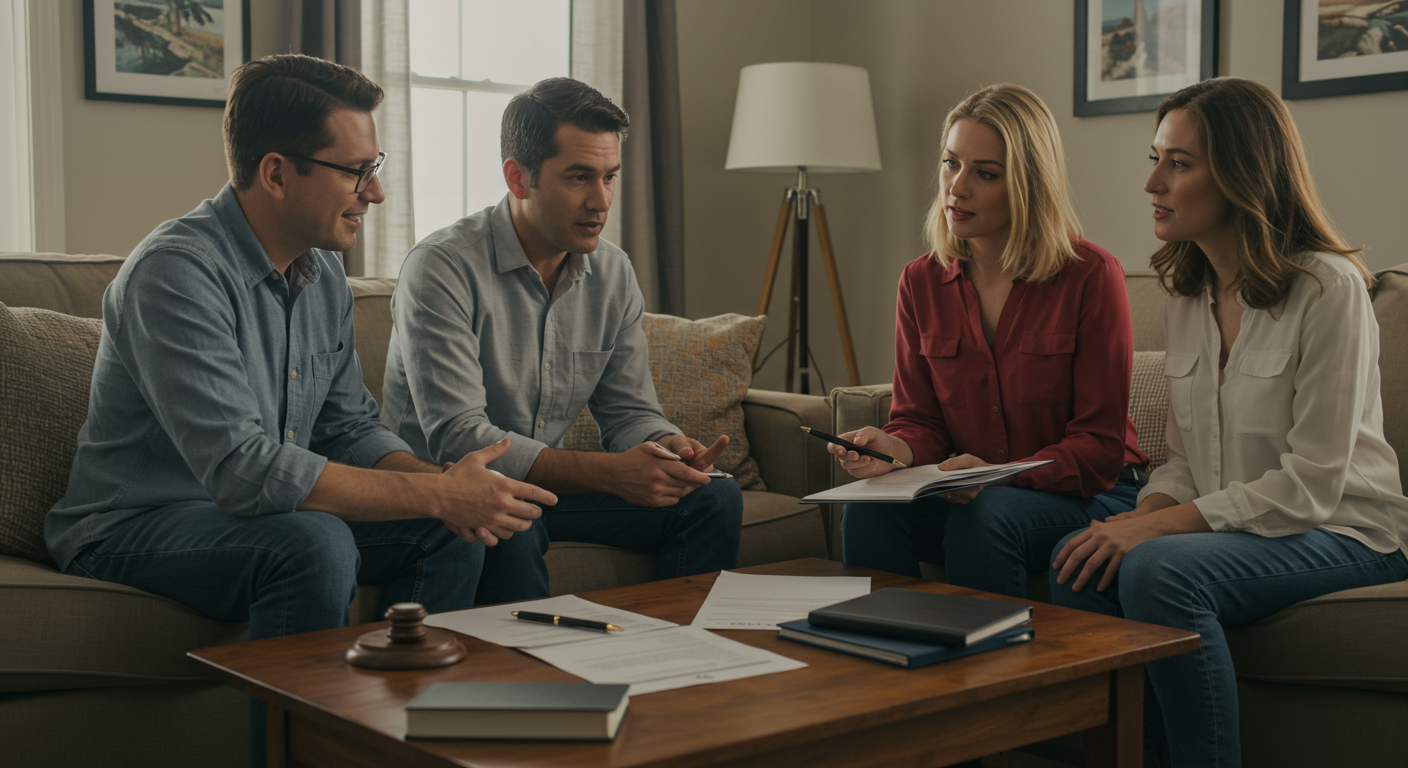 A family sitting together in a cozy living room, discussing their options after a car accident. Legal documents are spread out on the table, symbolizing the consultation process.
