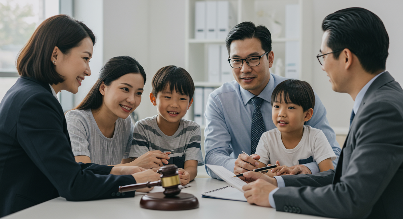 A family sitting together with a lawyer in a friendly office environment, discussing their legal needs. The image conveys warmth and trust, highlighting the importance of legal support for families.