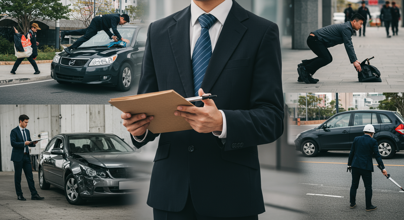 A visual representation of various personal injury scenarios, such as a car accident and a slip and fall, with a personal injury lawyer in the foreground.