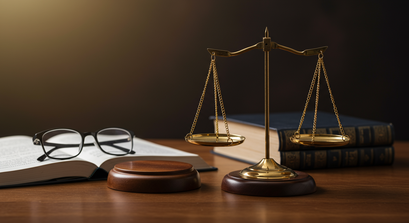 A symbolic representation of legal rights, featuring a balanced scale of justice placed on a desk with a law book and a pair of glasses. The setting conveys a sense of knowledge and authority.