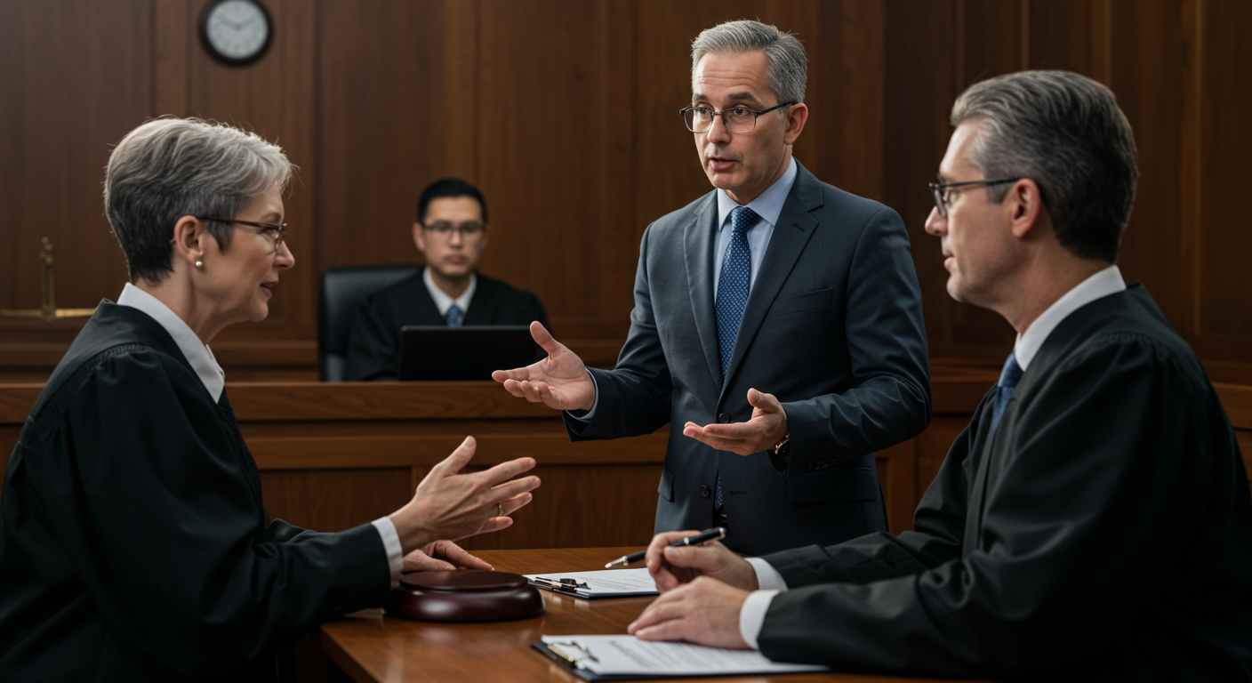 A courtroom scene with a lawyer presenting a case to the judge, highlighting the seriousness of personal injury law.
