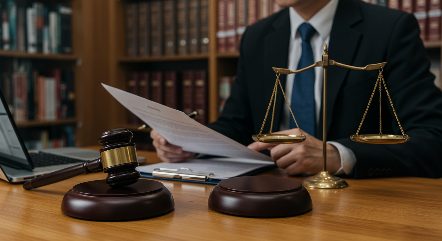 A lawyer reviewing documents at a desk with a backdrop of a law library. The image conveys professionalism and expertise in handling workplace injury cases.