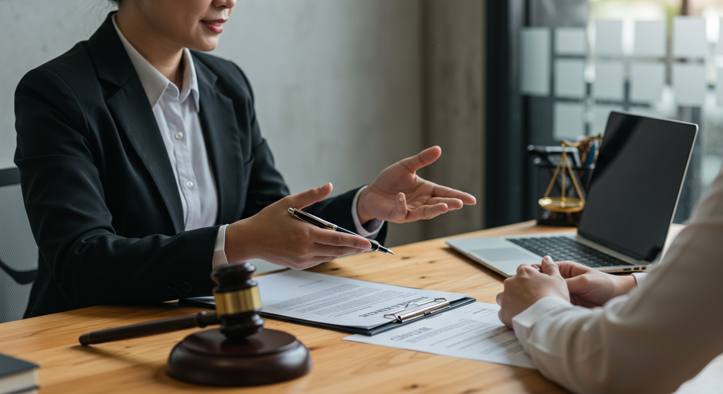 A compassionate lawyer sitting across from a client in a modern office, discussing a case with empathy. The lawyer is gesturing towards legal documents spread on the table, showcasing a supportive environment.