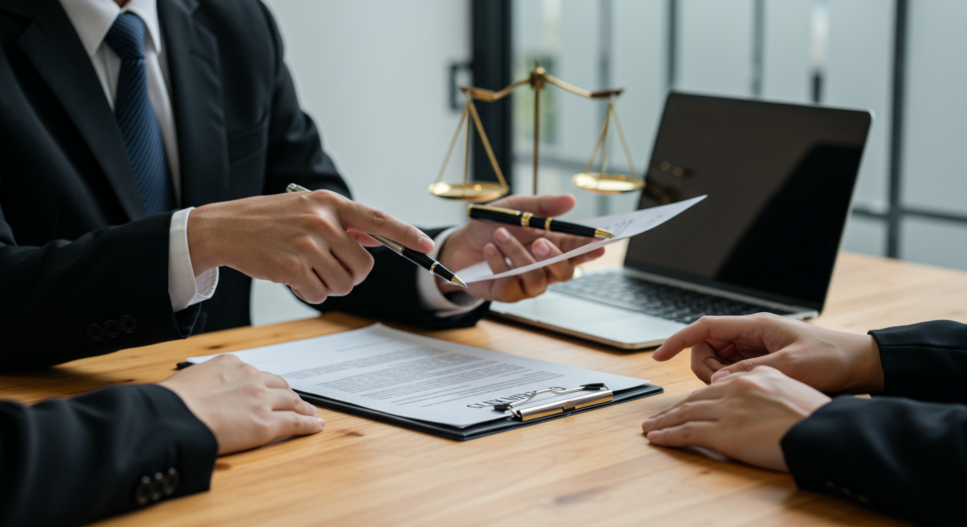 A personal injury lawyer discussing case details with a client in a modern office. The lawyer is pointing at legal documents on the table, conveying a sense of trust and professionalism.