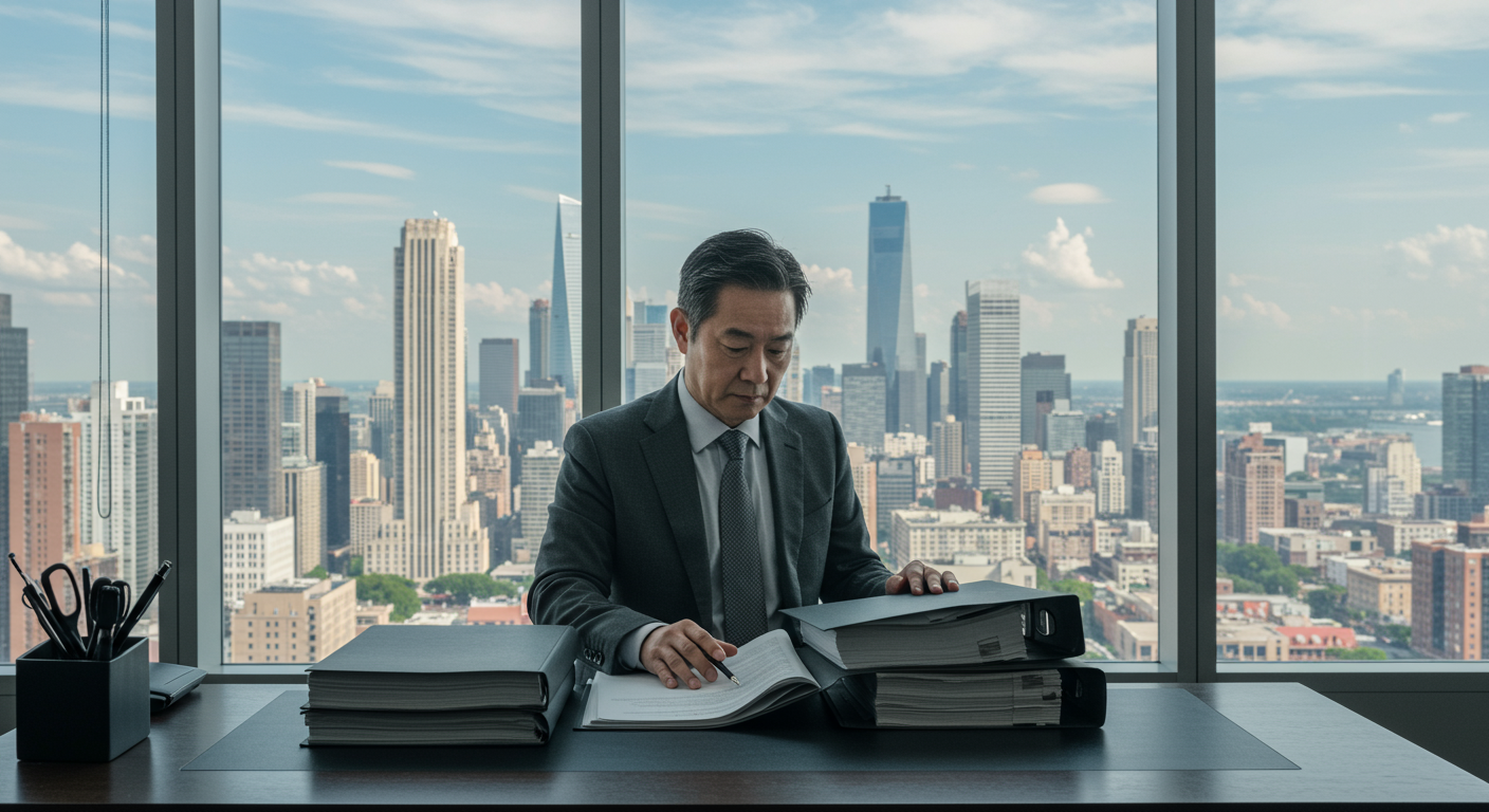 A lawyer reviewing case files in a modern office setting, with a window view of Bryan's skyline, symbolizing preparation and diligence.