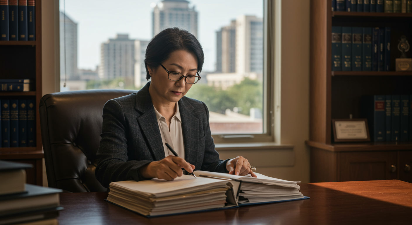 A lawyer reviewing case files in a cozy office, with a Pflugerville cityscape visible through the window, symbolizing local expertise.