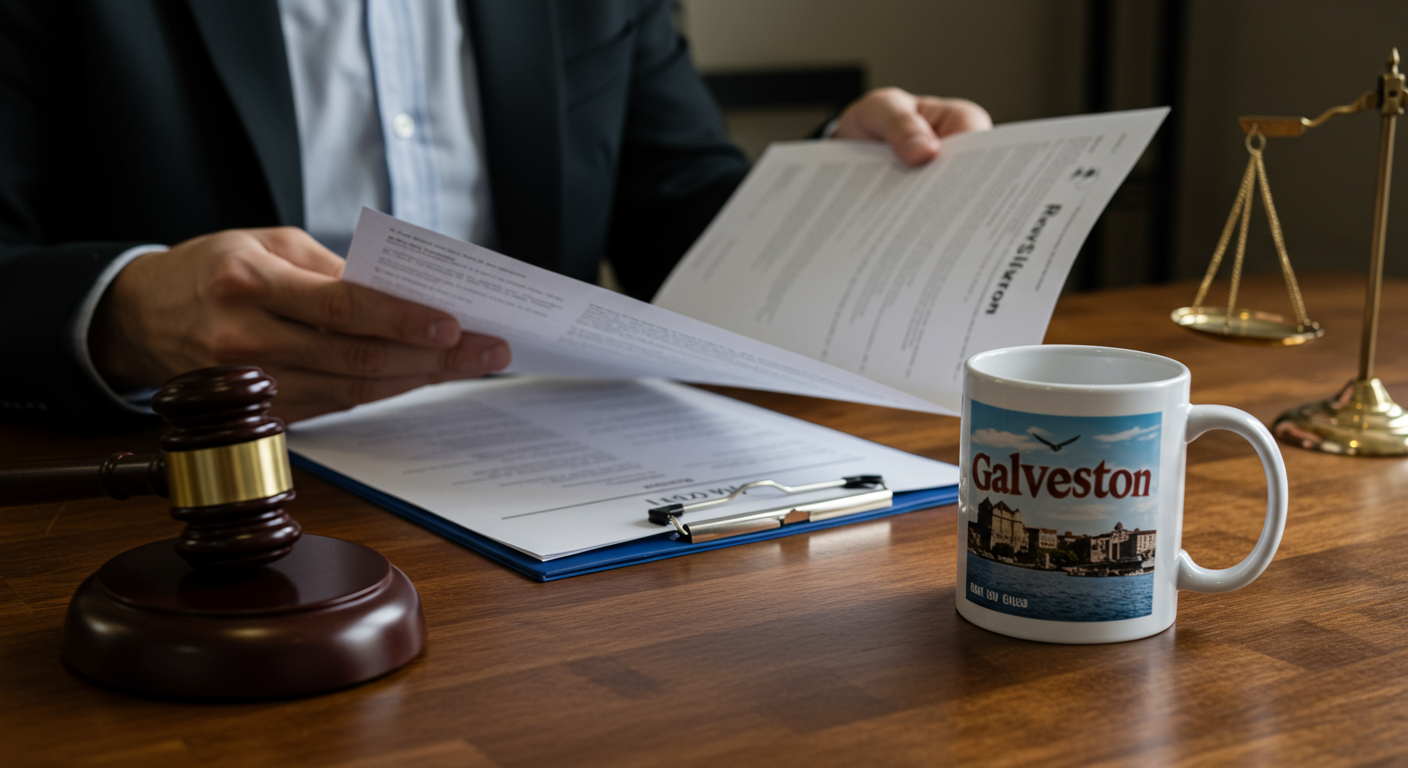 A lawyer reviewing a resume and cover letter at a desk adorned with a Galveston-themed mug, symbolizing the preparation for job applications in the legal field.