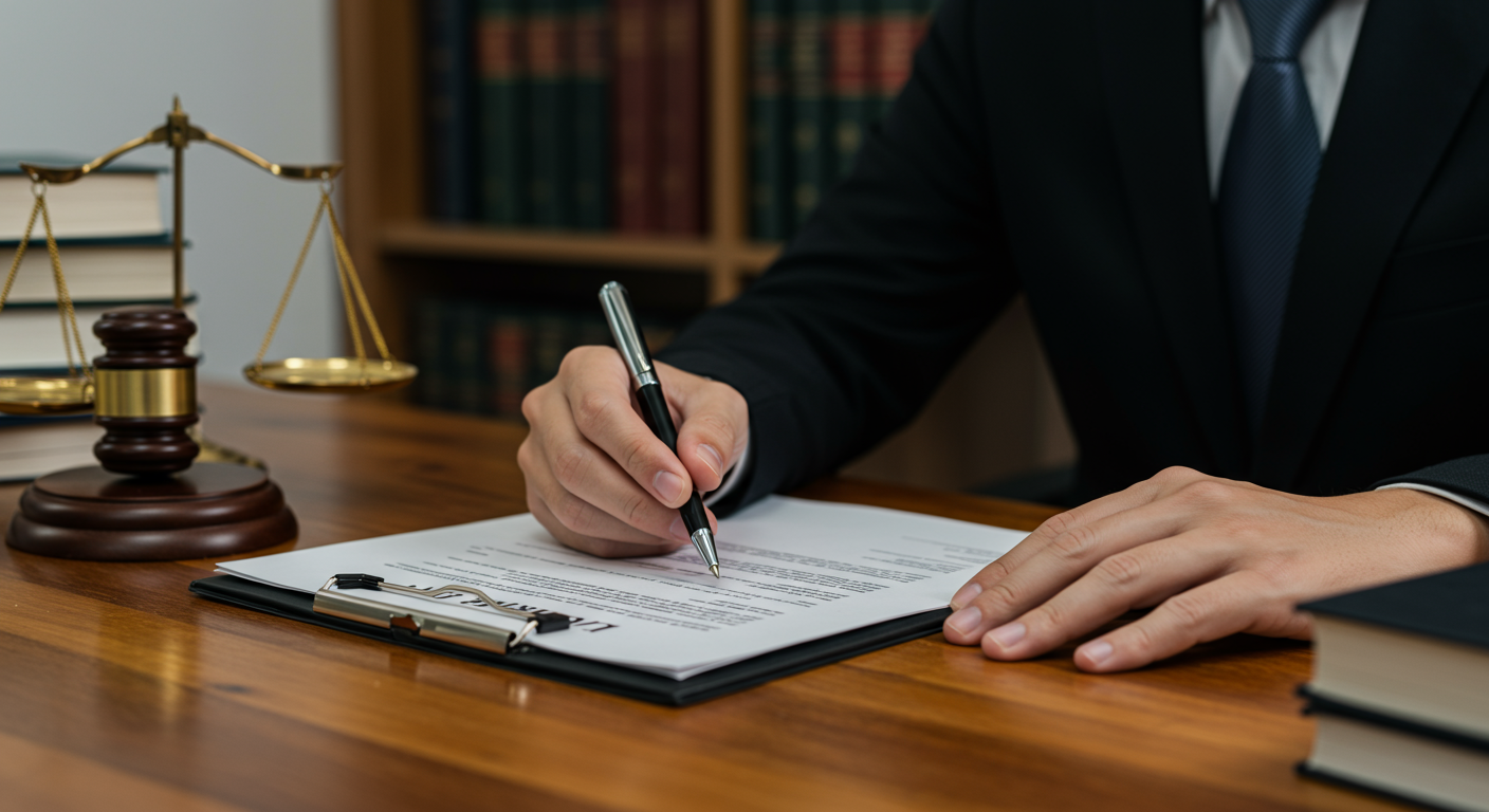 A close-up of a concerned individual sitting at a desk, reviewing legal documents with a pen in hand. The background shows a law office setting with bookshelves filled with legal texts.