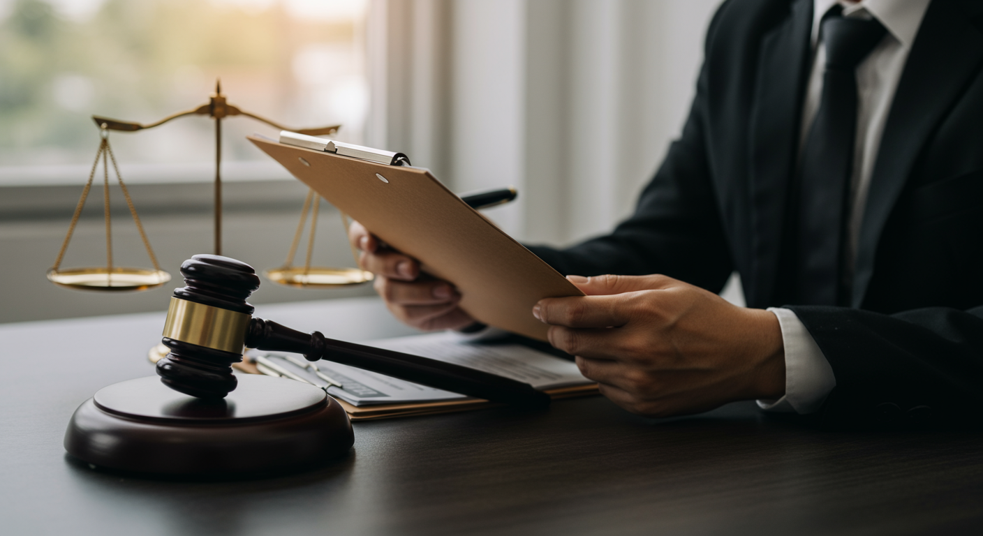 A close-up of a legal professional's hands reviewing a legal document with a gavel in the background. This image symbolizes professionalism and the importance of legal expertise in the community.