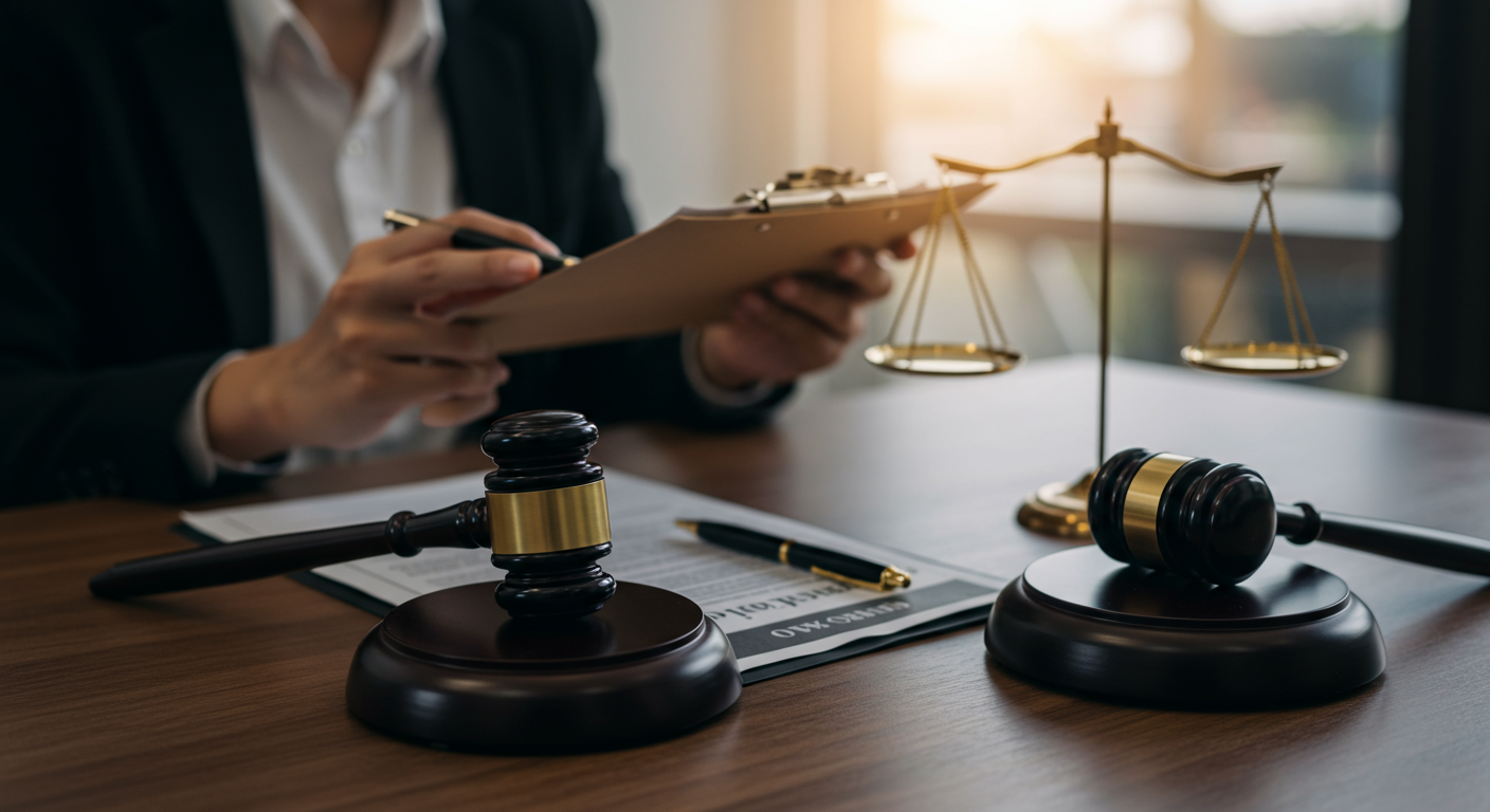 A close-up of a lawyer's desk with legal documents, a gavel, and a car accident report. The scene is well-lit, suggesting a professional environment.