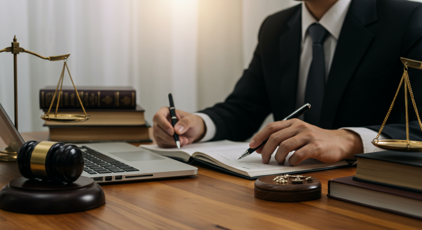A close-up of a lawyer working diligently at a desk, surrounded by legal books and a laptop. The focus is on the lawyer’s hands as they take notes, emphasizing the research aspect of legal work.