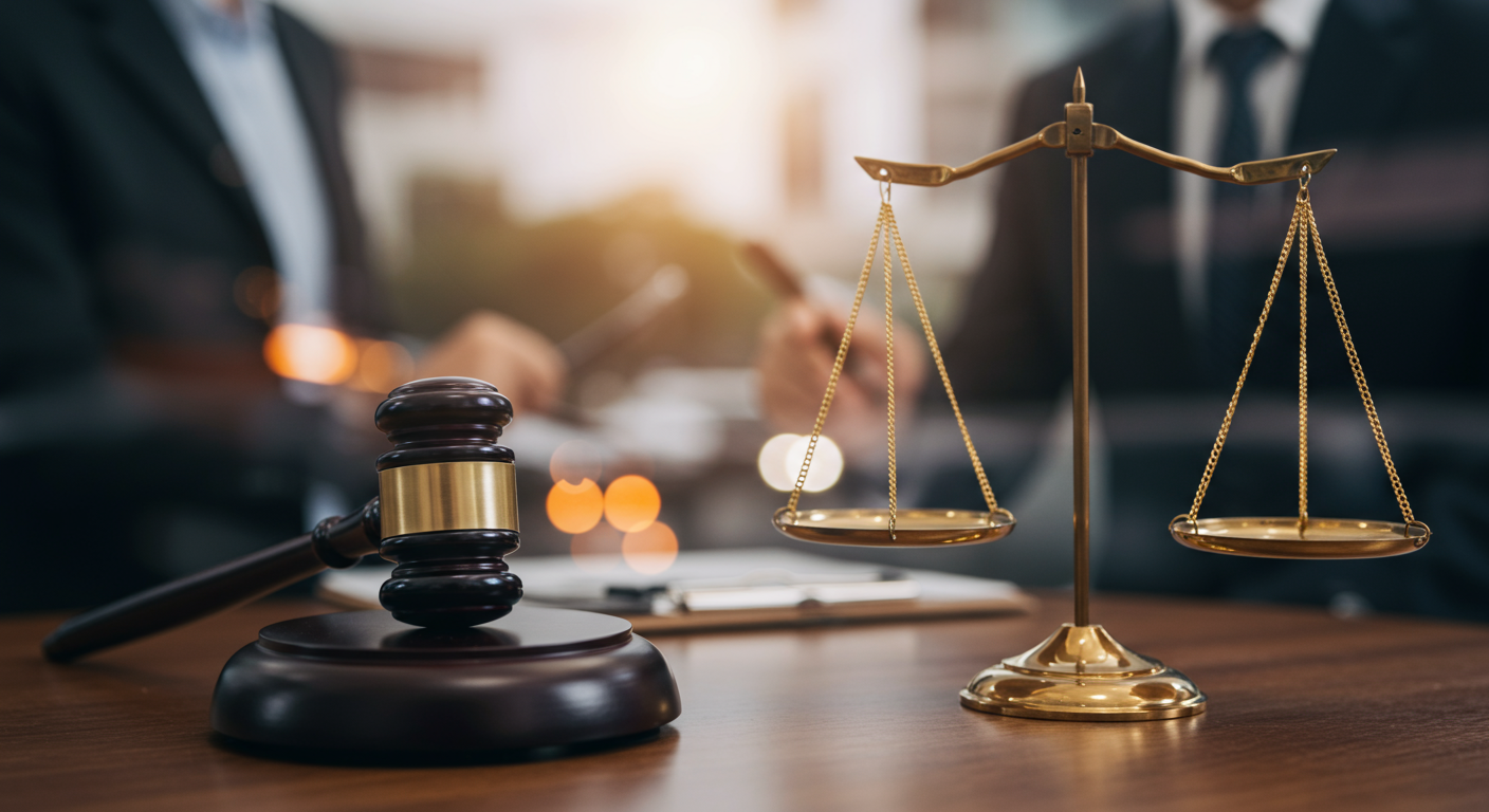 A visual representation of a gavel and legal scales on a desk, with a blurred image of a Houston street accident in the background. This symbolizes the intersection of law and personal injury cases.