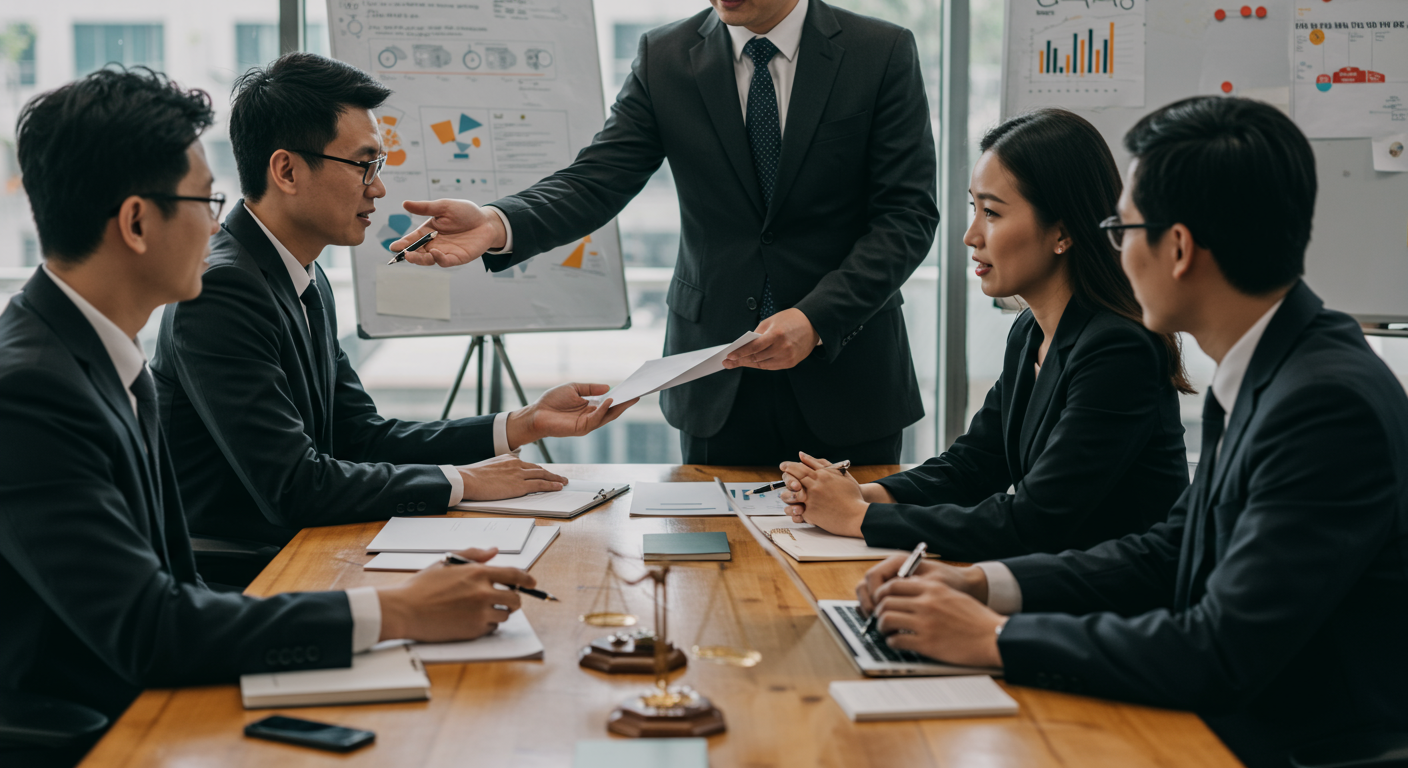 A dynamic image of a group of attorneys collaborating in a conference room, discussing case strategies. The setting is modern and professional, highlighting teamwork and dedication to client success.