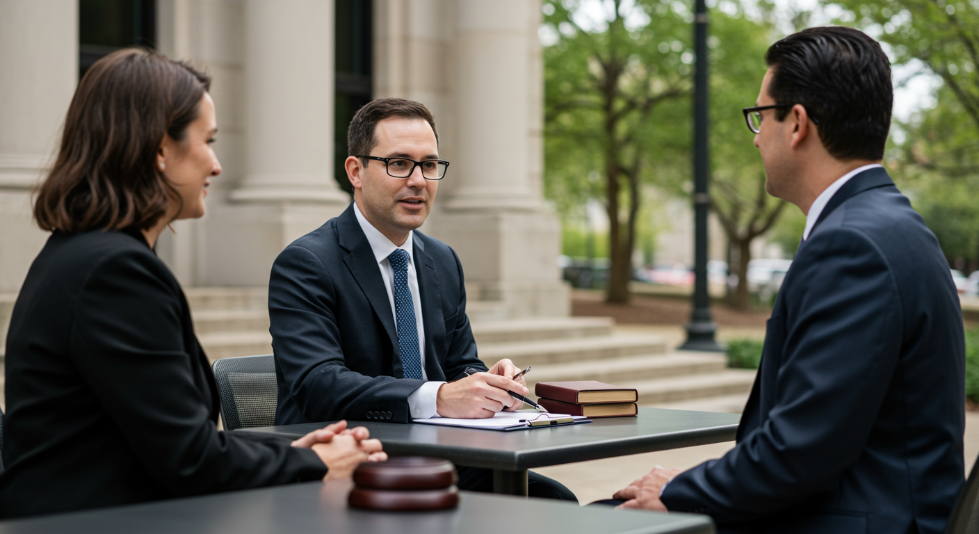 An attorney meeting with a client outside a courthouse, discussing legal options. The setting is bright and inviting, representing accessibility and approachability.