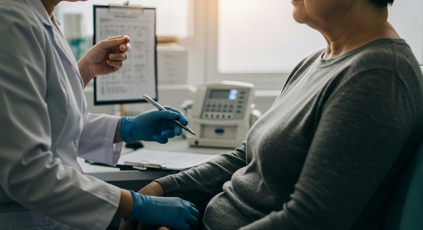 A serene image of a person receiving a personal injury evaluation in a medical office. The healthcare professional is examining the patient, with medical charts and equipment subtly visible in the background, emphasizing the importance of medical assessments in personal injury cases.