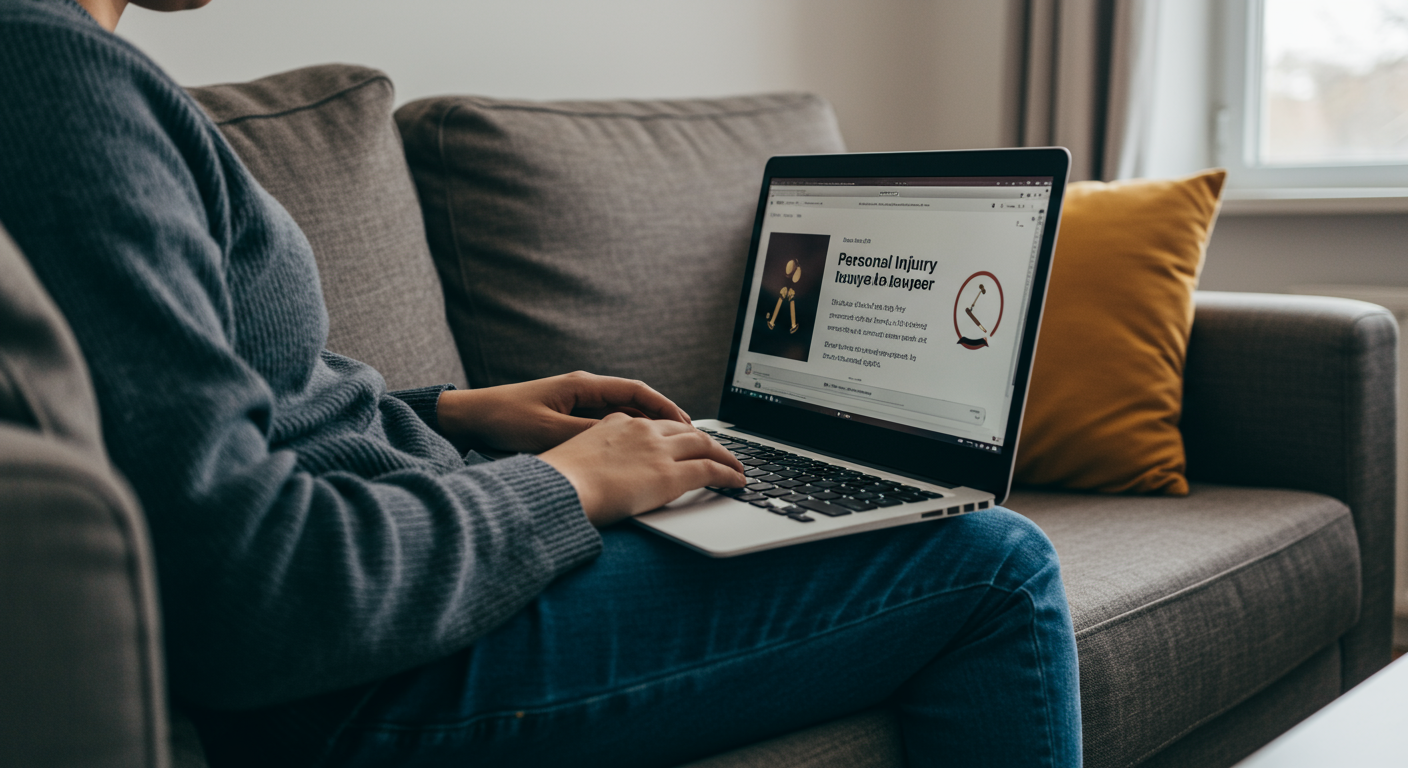 A person recovering at home, sitting on a couch with a laptop open, researching personal injury lawyers. This depicts the proactive steps individuals take in seeking legal representation.