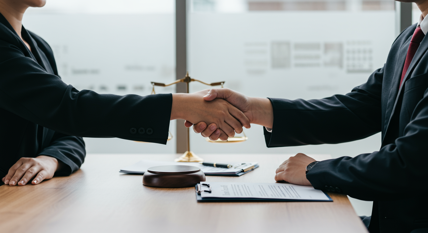 A client shaking hands with an attorney in a welcoming office environment, symbolizing a successful partnership. The atmosphere is friendly and professional.