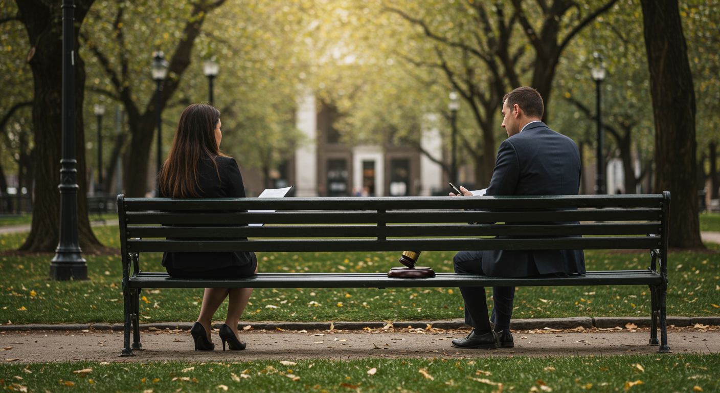 A serene outdoor setting with a lawyer and a client discussing legal matters on a park bench. The image conveys a sense of calm and support, emphasizing the importance of approachable legal services.