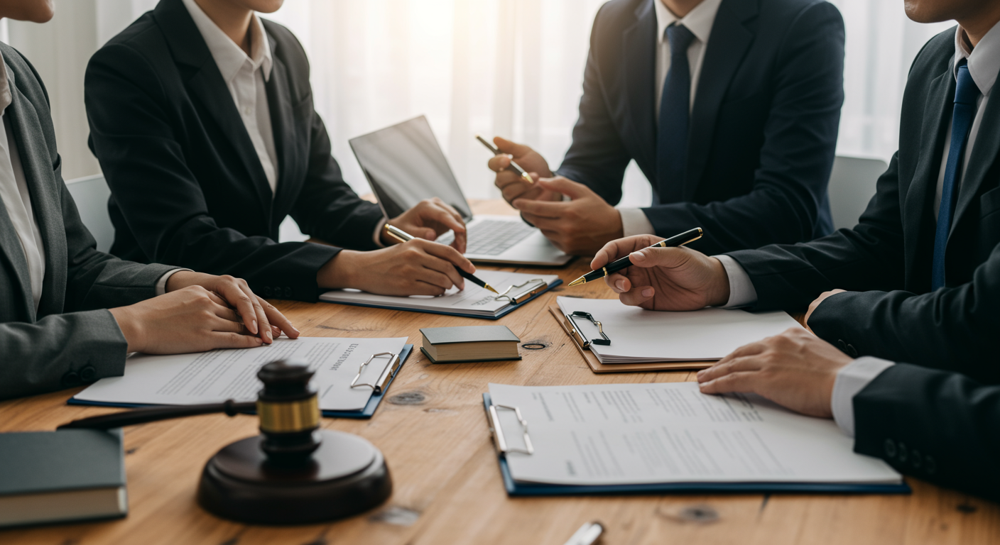 A group of diverse personal injury lawyers in a meeting, discussing case strategies. They are gathered around a table with legal documents and laptops.