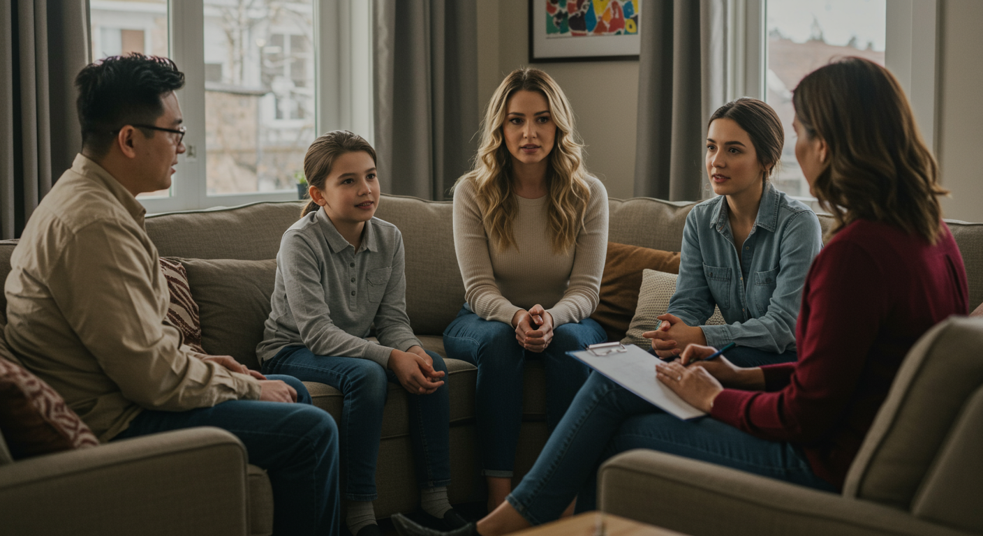 A family sitting together in a cozy therapy room, with a therapist guiding them through a discussion. The family members are engaged and showing expressions of understanding and connection.