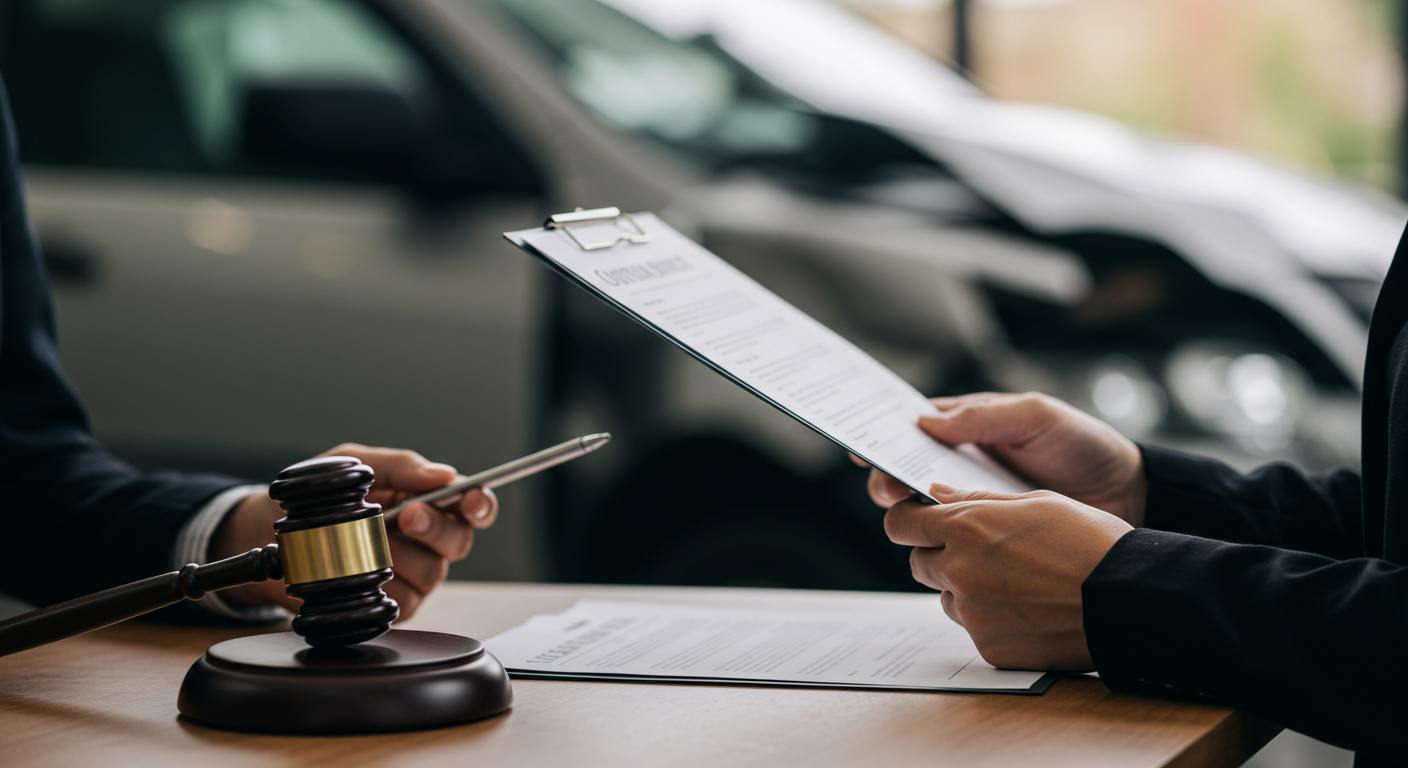 A close-up of a lawyer's hands holding a legal document, with a blurred background of a car accident scene. The image conveys the importance of legal representation in the aftermath of an accident.