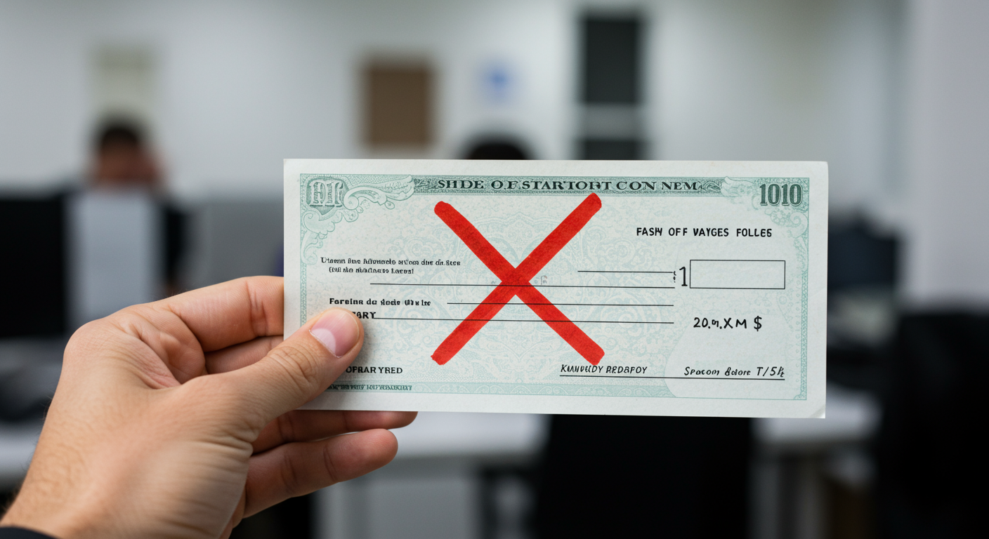 A close-up of a hand holding a paycheck with a red 'X' marked on it, symbolizing lost wages. Background elements include a blurred office environment, suggesting a workplace setting.