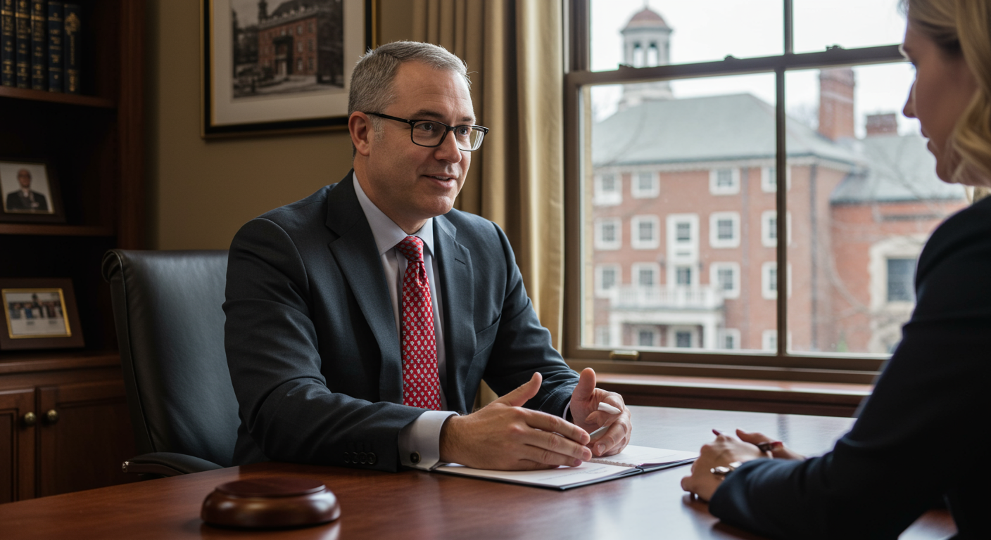 A professional attorney sitting at a desk in a well-lit office, engaging in a conversation with a client. The background features a window showing a glimpse of Georgetown's historic architecture.