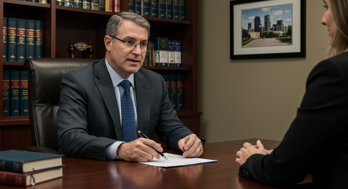 A professional attorney sitting at a desk, engaged in a consultation with a client. The office is decorated with legal books and a framed picture of the Frisco skyline in the background.