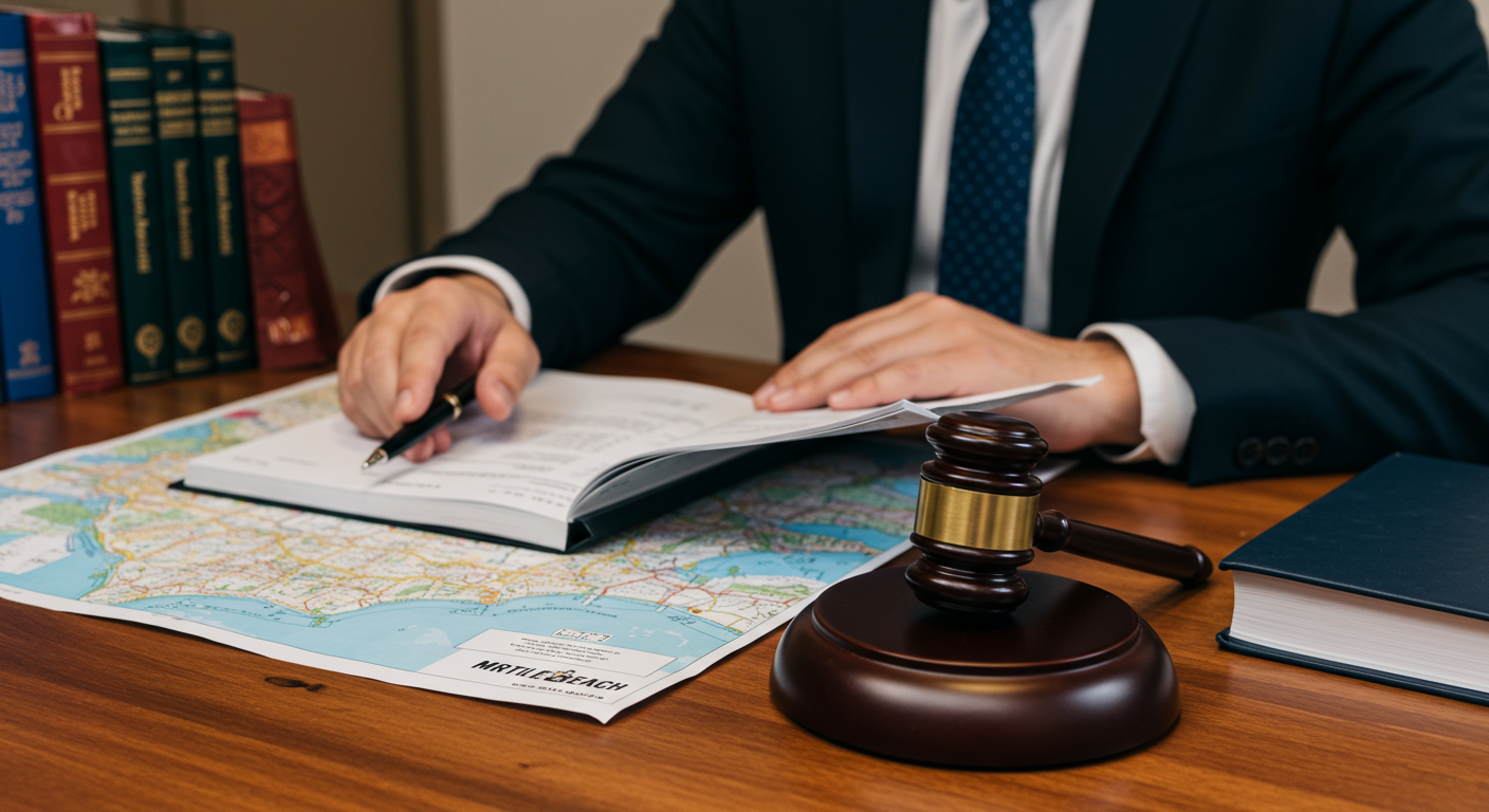 A personal injury attorney reviewing case files at a desk, with Myrtle Beach maps and legal books in the background, showcasing dedication and thoroughness.
