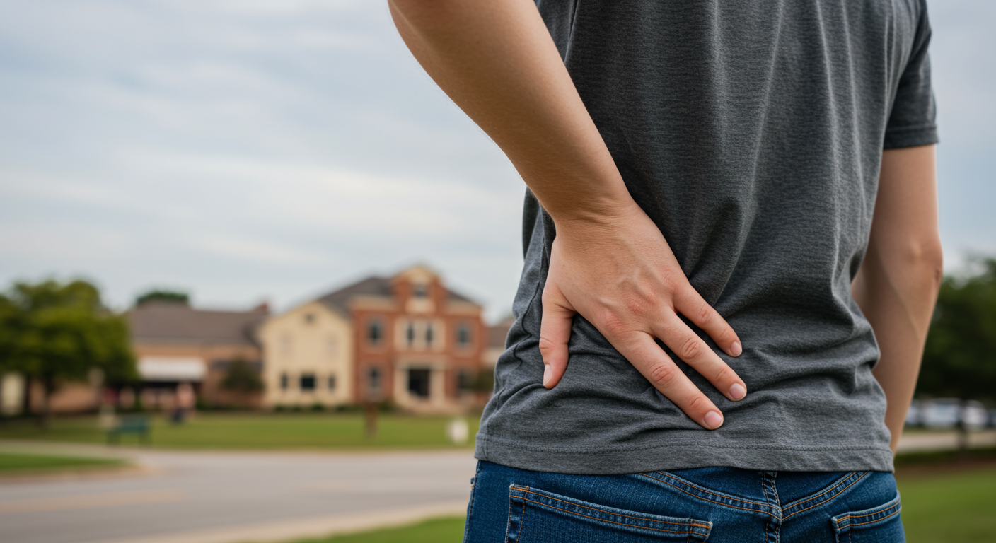 A close-up of a person holding their lower back in pain, with a blurred background of the Rockwall community, showcasing local landmarks. This image captures the struggle of back injury while connecting to the local area.