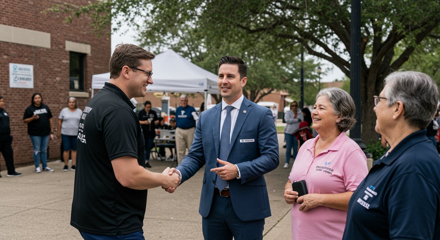A personal injury lawyer participating in a local Pflugerville community event, interacting with residents. The setting includes local landmarks, emphasizing the lawyer's connection to the community.