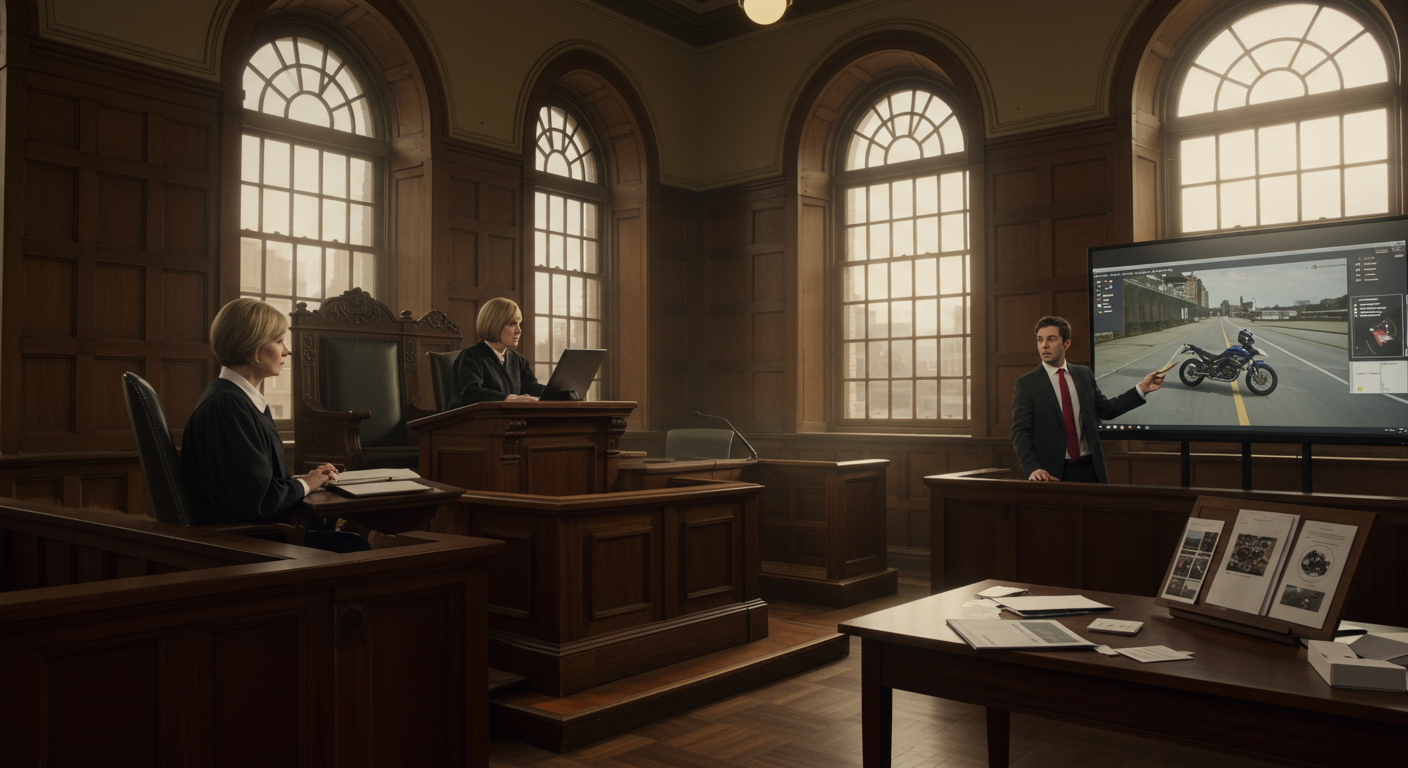 A courtroom scene with a motorcycle accident case being presented, illustrating the legal process involved in motorcycle injury claims.