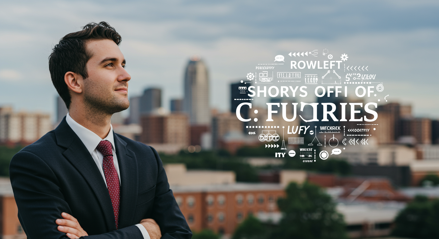A young professional in business attire looking confidently towards the horizon, symbolizing the future of legal careers. The background features a blurred image of Rowlett’s skyline.